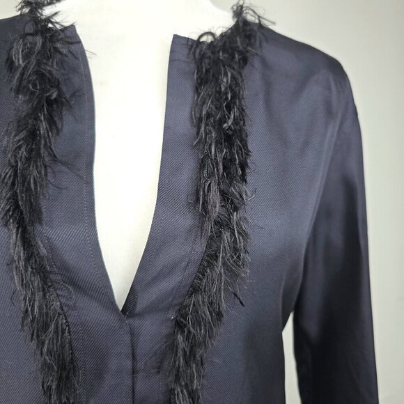 Helmut Lang Black Navy Twill Fringe Feather Silk Long Sleeve Blouse - Picture 6 of 11